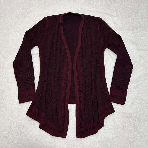 Burgundy Cascading Open Front Ribbed Knit Cardigan - Picture 2 of 4